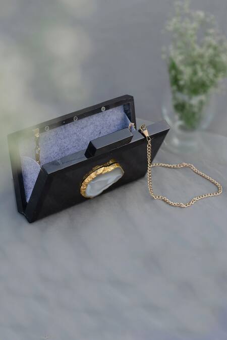 Label Sneha_Black Agate Stone Baroque Rectangular Clutch _Online_at_Aza_Fashions