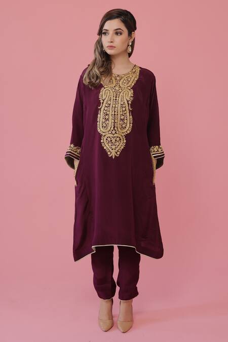 Buy_Daljit Sudan_Purple Kurta And Pant Crepe Dupatta Georgette Tilla Round Embroidered Set _Online_at_Aza_Fashions