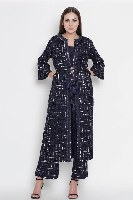 Buy_Twenty Nine_Blue Georgette Mirror Work Embellished Jacket_Online_at_Aza_Fashions