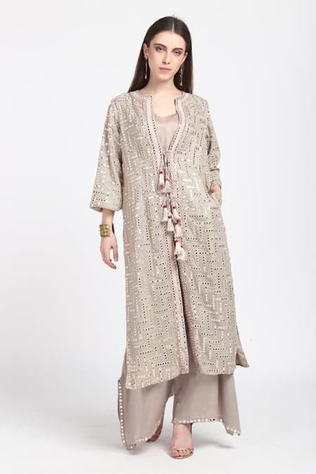 Twenty Nine_Grey Georgette Mirror Work Embellished Jacket _Online_at_Aza_Fashions