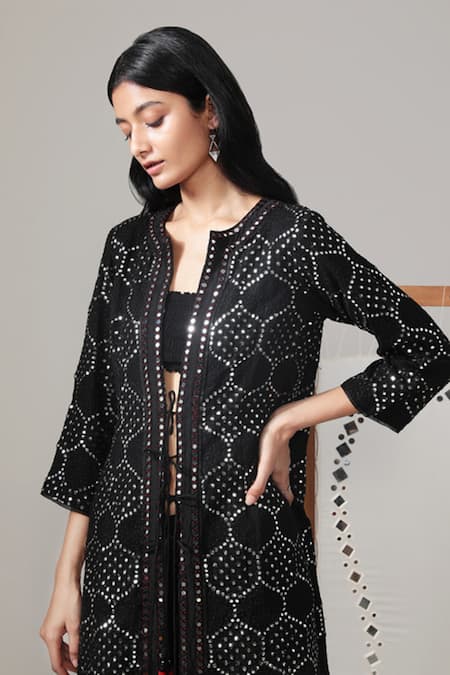 Buy_Twenty Nine_Black Georgette Lucknowi Mirror Work Embellished Jacket_Online_at_Aza_Fashions