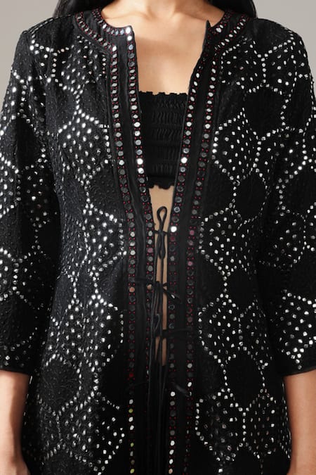 Shop_Twenty Nine_Black Georgette Lucknowi Mirror Work Embellished Jacket_Online_at_Aza_Fashions