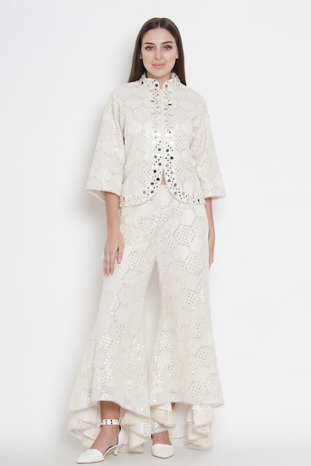 Twenty Nine White Georgette Lucknowi Mirror Work Band Embellished Jacket