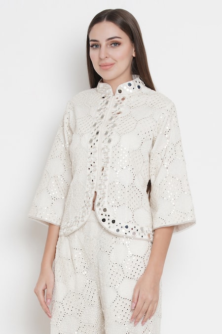Buy_Twenty Nine_White Georgette Lucknowi Mirror Work Band Embellished Jacket _Online_at_Aza_Fashions