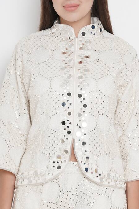 Shop_Twenty Nine_White Georgette Lucknowi Mirror Work Band Embellished Jacket _Online_at_Aza_Fashions