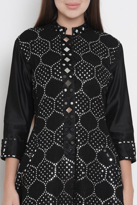 Buy_Twenty Nine_Black Georgette Lucknowi Mirror Work Band Embellished Jacket_Online_at_Aza_Fashions