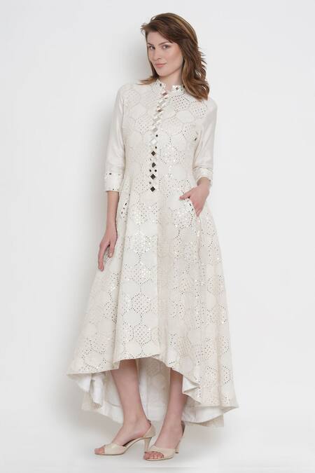 Twenty Nine_White Georgette Lucknowi Mirror Work Band Embellished Jacket_Online_at_Aza_Fashions