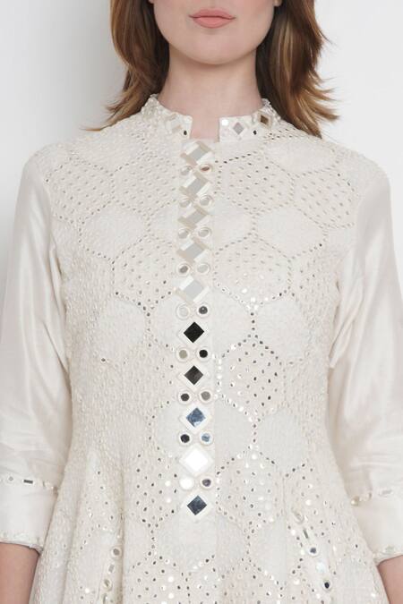Buy_Twenty Nine_White Georgette Lucknowi Mirror Work Band Embellished Jacket_Online_at_Aza_Fashions