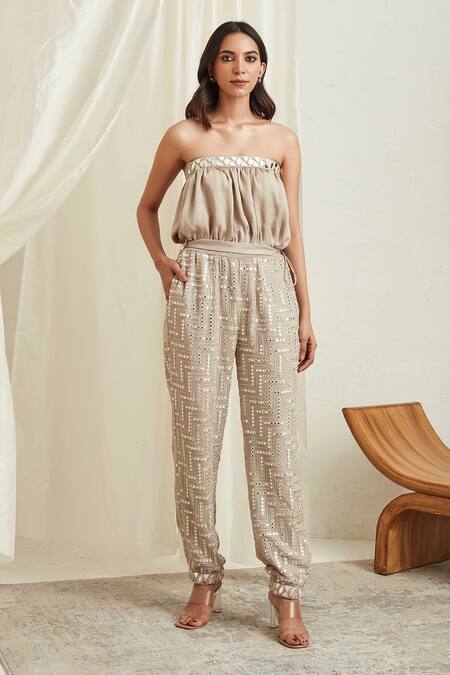 Buy_Twenty Nine_Grey Georgette Mirror Work Embellished Jumpsuit_Online_at_Aza_Fashions