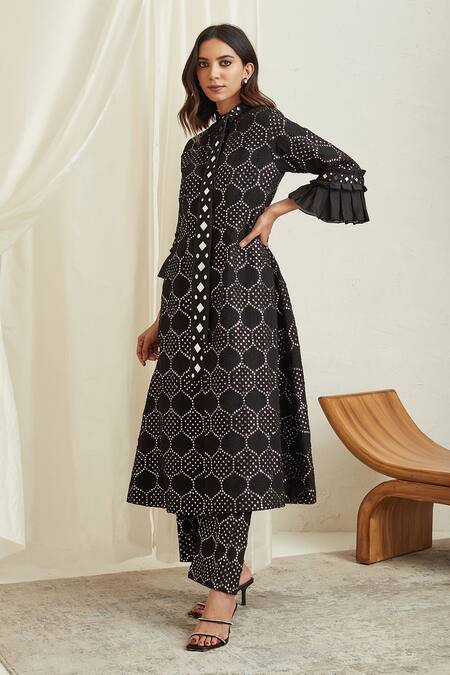Twenty Nine_Black Georgette Mirror Work Band Embellished Long Jacket_Online_at_Aza_Fashions