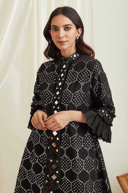 Shop_Twenty Nine_Black Georgette Mirror Work Band Embellished Long Jacket_Online_at_Aza_Fashions