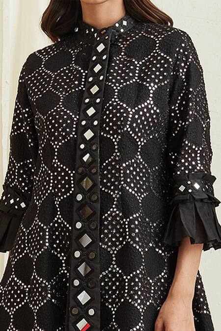 Twenty Nine_Black Georgette Mirror Work Band Embellished Long Jacket_at_Aza_Fashions