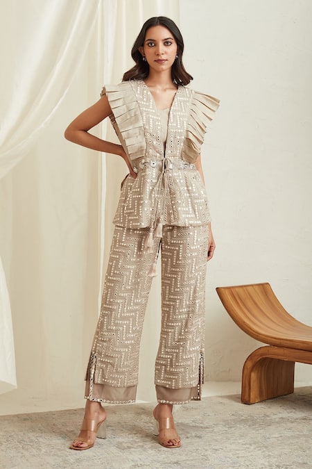 Twenty Nine Grey Georgette Mirror Work V Neck Embellished Jacket 