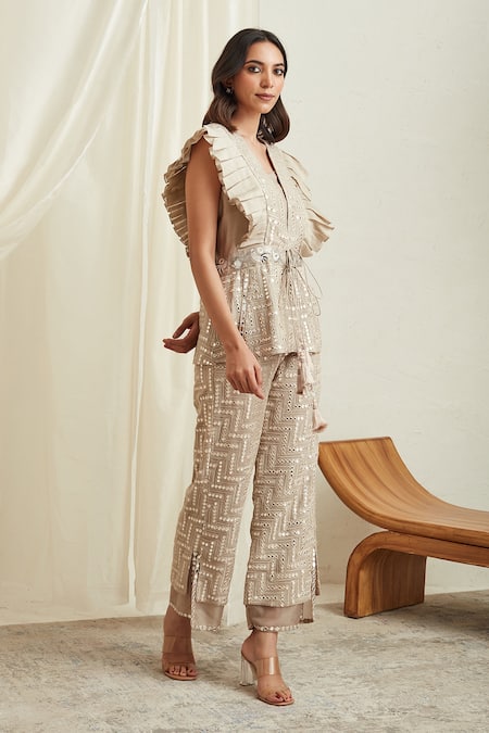 Twenty Nine_Grey Georgette Mirror Work V Neck Embellished Jacket _Online_at_Aza_Fashions