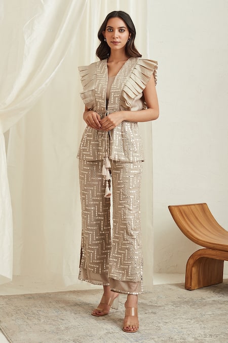 Buy_Twenty Nine_Grey Georgette Mirror Work V Neck Embellished Jacket _Online_at_Aza_Fashions