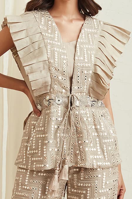 Shop_Twenty Nine_Grey Georgette Mirror Work V Neck Embellished Jacket _Online_at_Aza_Fashions