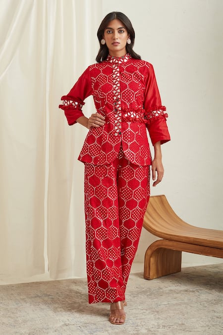 Twenty Nine Red Georgette Mirror Work Embellished Pant 