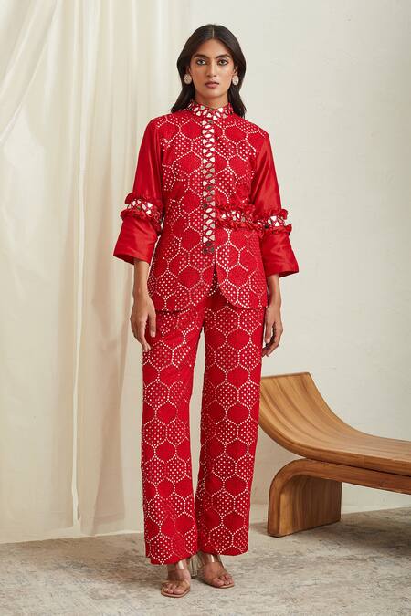 Twenty Nine Red Georgette Mirror Work Embellished Pant Online at Aza Fashions Twenty Nine_Red Georgette Mirror Work Embellished Pant _Online_at_Aza_Fashions