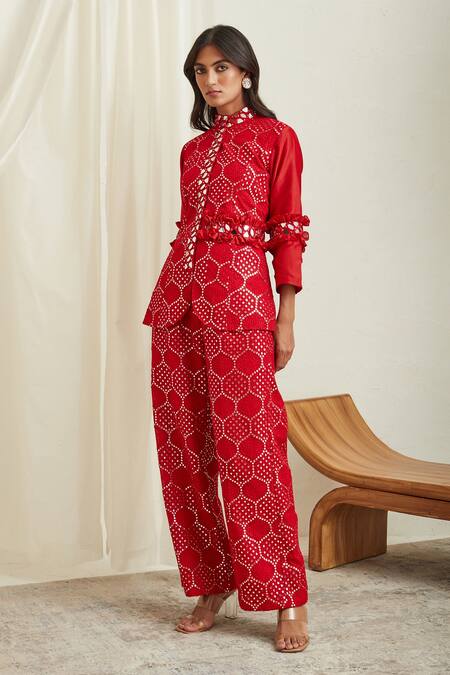 Buy Twenty Nine Red Georgette Mirror Work Embellished Pant Online at Aza Fashions Buy_Twenty Nine_Red Georgette Mirror Work Embellished Pant _Online_at_Aza_Fashions