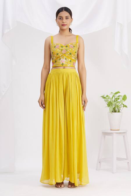 Samyukta Singhania_Yellow Silk, Georgette Sequins, Zari, Cut Ruffle Sleeve Jacket And Palazzo Set_Online_at_Aza_Fashions
