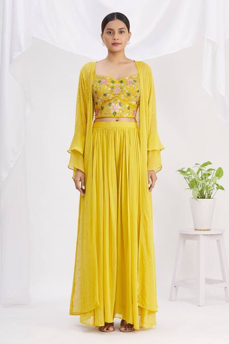 Buy_Samyukta Singhania_Yellow Silk, Georgette Sequins, Zari, Cut Ruffle Sleeve Jacket And Palazzo Set_Online_at_Aza_Fashions