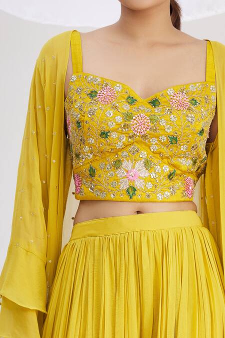 Shop_Samyukta Singhania_Yellow Silk, Georgette Sequins, Zari, Cut Ruffle Sleeve Jacket And Palazzo Set_Online_at_Aza_Fashions