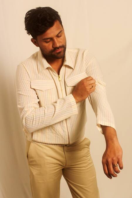 Shwetanga_White , Organic Bomber Shirt _Online_at_Aza_Fashions