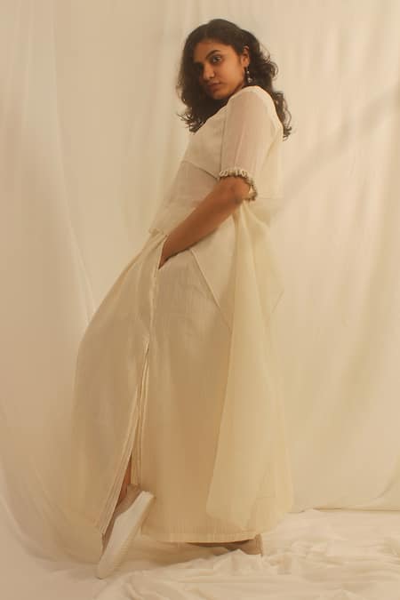 Buy_Shwetanga_White , Organic Cowry Shells Square Asymmetric Peplum And Skirt Set _Online_at_Aza_Fashions