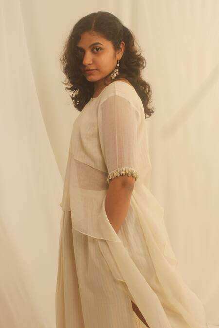 Shop_Shwetanga_White , Organic Cowry Shells Square Asymmetric Peplum And Skirt Set _Online_at_Aza_Fashions