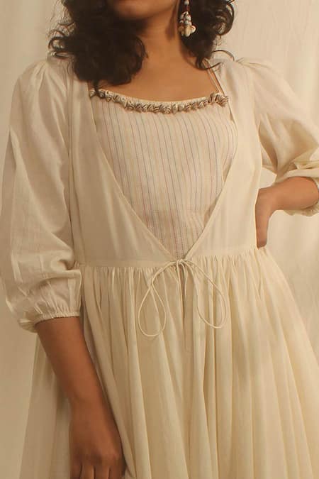 Shop_Shwetanga_White Organic Cotton Embroidered Floral Motifs Tunic Striped With Jacket _Online_at_Aza_Fashions