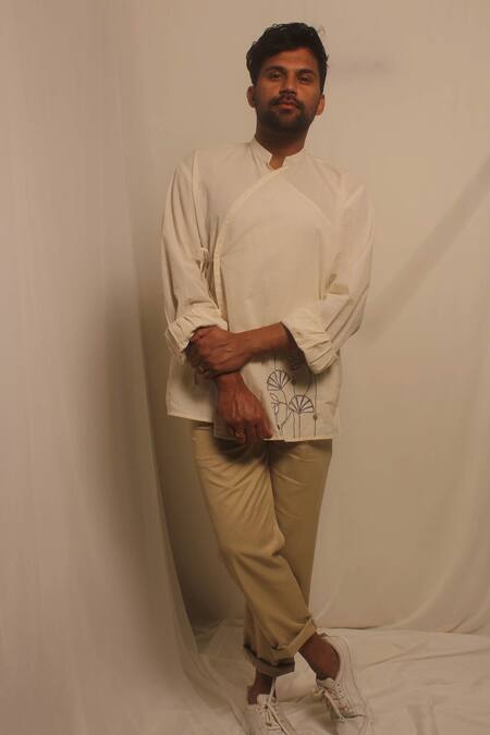 Buy_Shwetanga_White , Organic Floral Motifs Angarkha Kurta _Online_at_Aza_Fashions