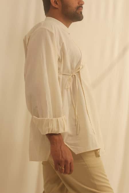 Shop_Shwetanga_White , Organic Floral Motifs Angarkha Kurta _Online_at_Aza_Fashions