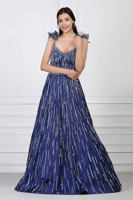 Pooja Peshoria Blue Satin Embellished Swarovski Crystals Sweetheart Neck Gown