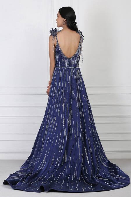 Shop_Pooja Peshoria_Blue Satin Sequin, Bead, Swarovski Crystals Sweetheart Neck Embellished Gown _at_Aza_Fashions