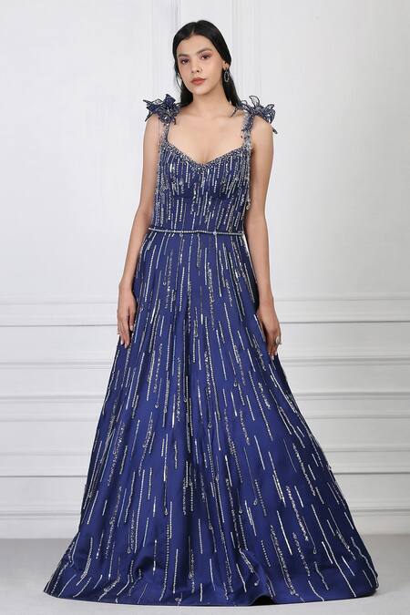 Pooja Peshoria_Blue Satin Sequin, Bead, Swarovski Crystals Sweetheart Neck Embellished Gown _Online_at_Aza_Fashions