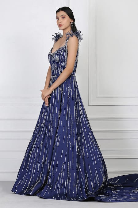 Buy_Pooja Peshoria_Blue Satin Sequin, Bead, Swarovski Crystals Sweetheart Neck Embellished Gown _Online_at_Aza_Fashions