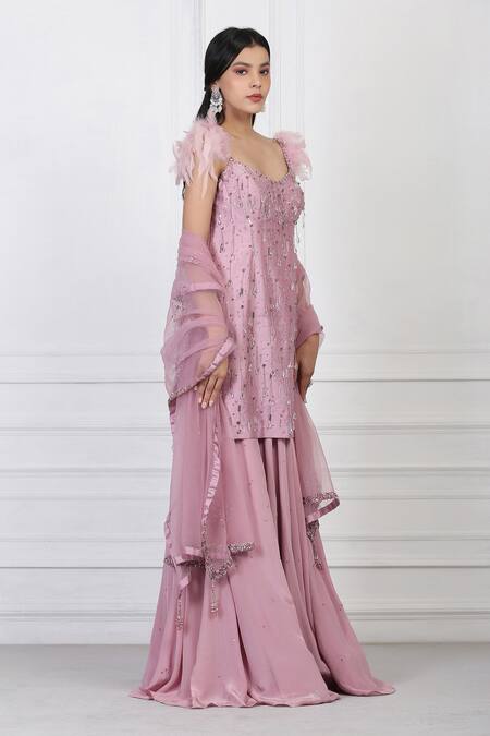 Pooja Peshoria_Purple Silk, Crepe Sequin, Bead, Swarovski Embellished Kurta And Sharara Set_Online_at_Aza_Fashions