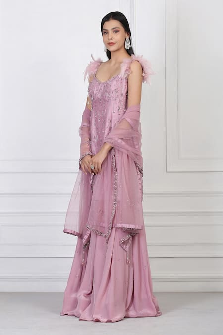 Buy_Pooja Peshoria_Purple Silk, Crepe Sequin, Bead, Swarovski Embellished Kurta And Sharara Set_Online_at_Aza_Fashions