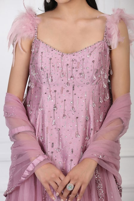 Shop_Pooja Peshoria_Purple Silk, Crepe Sequin, Bead, Swarovski Embellished Kurta And Sharara Set_Online_at_Aza_Fashions