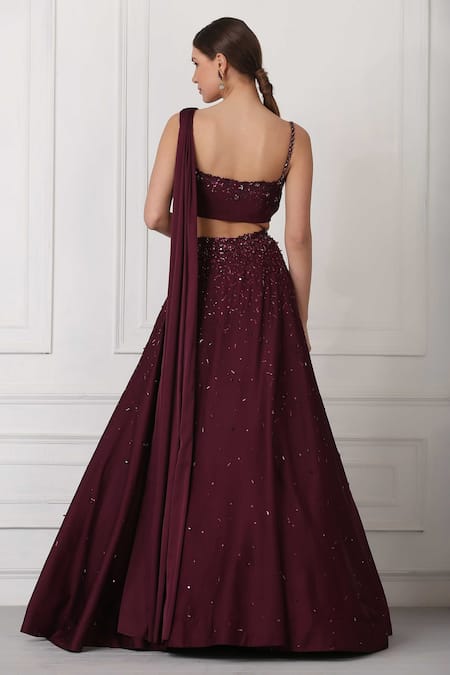 Shop Pooja Peshoria Maroon Satin Cutdana Work, Sequin, Bead, Draped Blouse And Embroidered Lehenga Set at Aza Fashions Shop_Pooja Peshoria_Maroon Satin Cutdana Work, Sequin, Bead, Draped Blouse And Embroidered Lehenga Set_at_Aza_Fashions