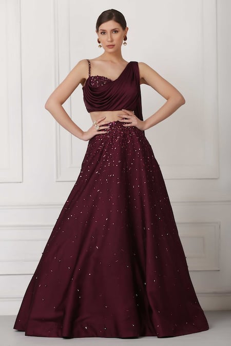 Pooja Peshoria Maroon Satin Cutdana Work, Sequin, Bead, Draped Blouse And Embroidered Lehenga Set Online at Aza Fashions Pooja Peshoria_Maroon Satin Cutdana Work, Sequin, Bead, Draped Blouse And Embroidered Lehenga Set_Online_at_Aza_Fashions