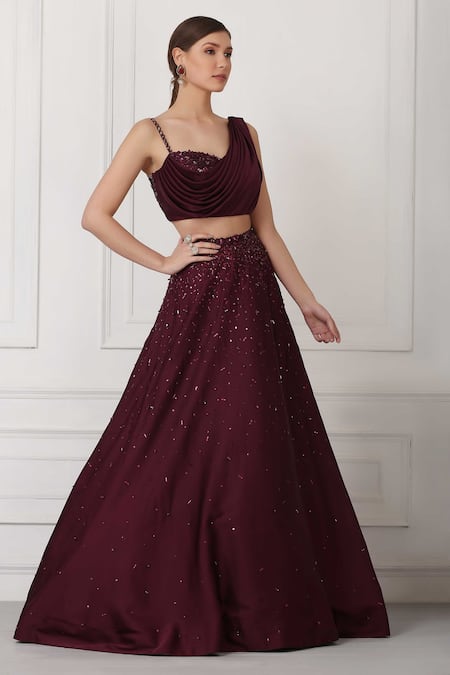 Buy Pooja Peshoria Maroon Satin Cutdana Work, Sequin, Bead, Draped Blouse And Embroidered Lehenga Set Online at Aza Fashions Buy_Pooja Peshoria_Maroon Satin Cutdana Work, Sequin, Bead, Draped Blouse And Embroidered Lehenga Set_Online_at_Aza_Fashions