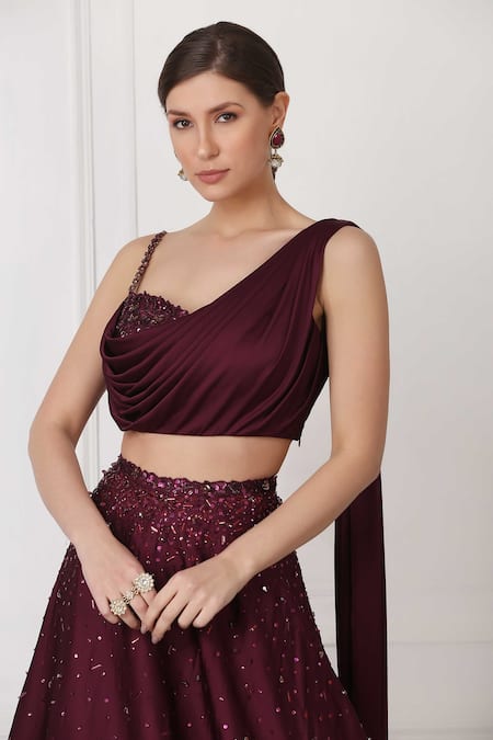Shop Pooja Peshoria Maroon Satin Cutdana Work, Sequin, Bead, Draped Blouse And Embroidered Lehenga Set Online at Aza Fashions Shop_Pooja Peshoria_Maroon Satin Cutdana Work, Sequin, Bead, Draped Blouse And Embroidered Lehenga Set_Online_at_Aza_Fashions
