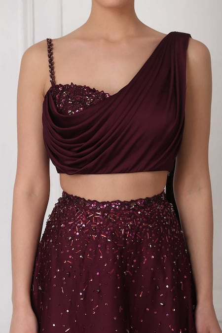 Pooja Peshoria Maroon Satin Cutdana Work, Sequin, Bead, Draped Blouse And Embroidered Lehenga Set at Aza Fashions Pooja Peshoria_Maroon Satin Cutdana Work, Sequin, Bead, Draped Blouse And Embroidered Lehenga Set_at_Aza_Fashions