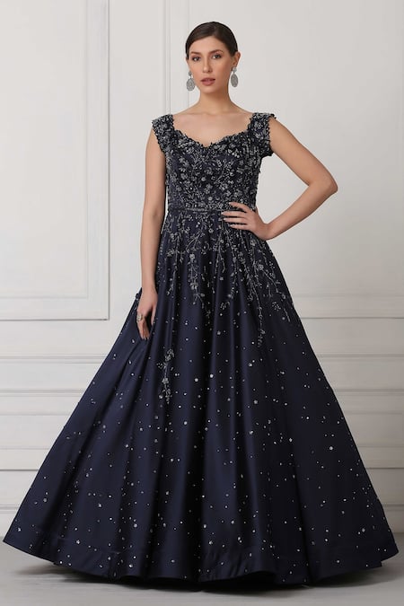 Pooja Peshoria_Blue Satin Cutdana Work, Sequin, Bead, Swarovski Crystals Embroidered Gown _Online_at_Aza_Fashions
