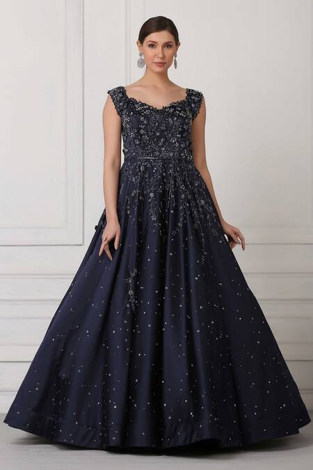 Buy_Pooja Peshoria_Blue Satin Cutdana Work, Sequin, Bead, Swarovski Crystals Embroidered Gown _Online_at_Aza_Fashions
