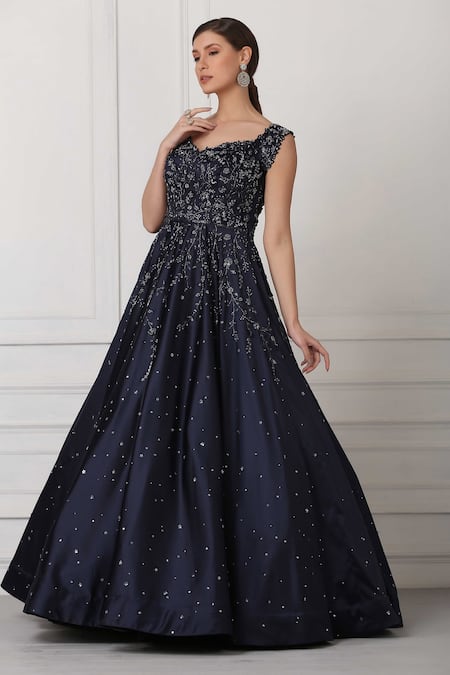 Shop_Pooja Peshoria_Blue Satin Cutdana Work, Sequin, Bead, Swarovski Crystals Embroidered Gown _Online_at_Aza_Fashions