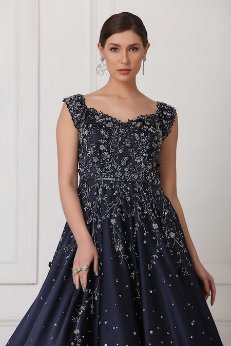 Pooja Peshoria_Blue Satin Cutdana Work, Sequin, Bead, Swarovski Crystals Embroidered Gown _at_Aza_Fashions
