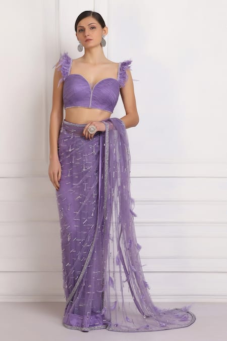 Pooja Peshoria_Purple Net Sequin, Bead, Swarovski Crystals Embellished Saree With Blouse_Online_at_Aza_Fashions