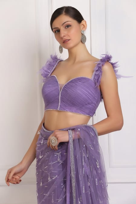 Shop_Pooja Peshoria_Purple Net Sequin, Bead, Swarovski Crystals Embellished Saree With Blouse_Online_at_Aza_Fashions